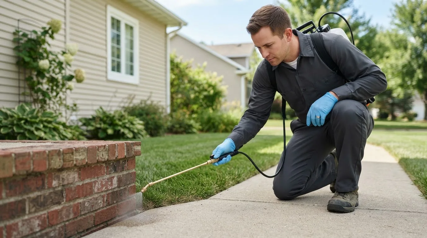 Pest control technician treating a home near Denver, IN